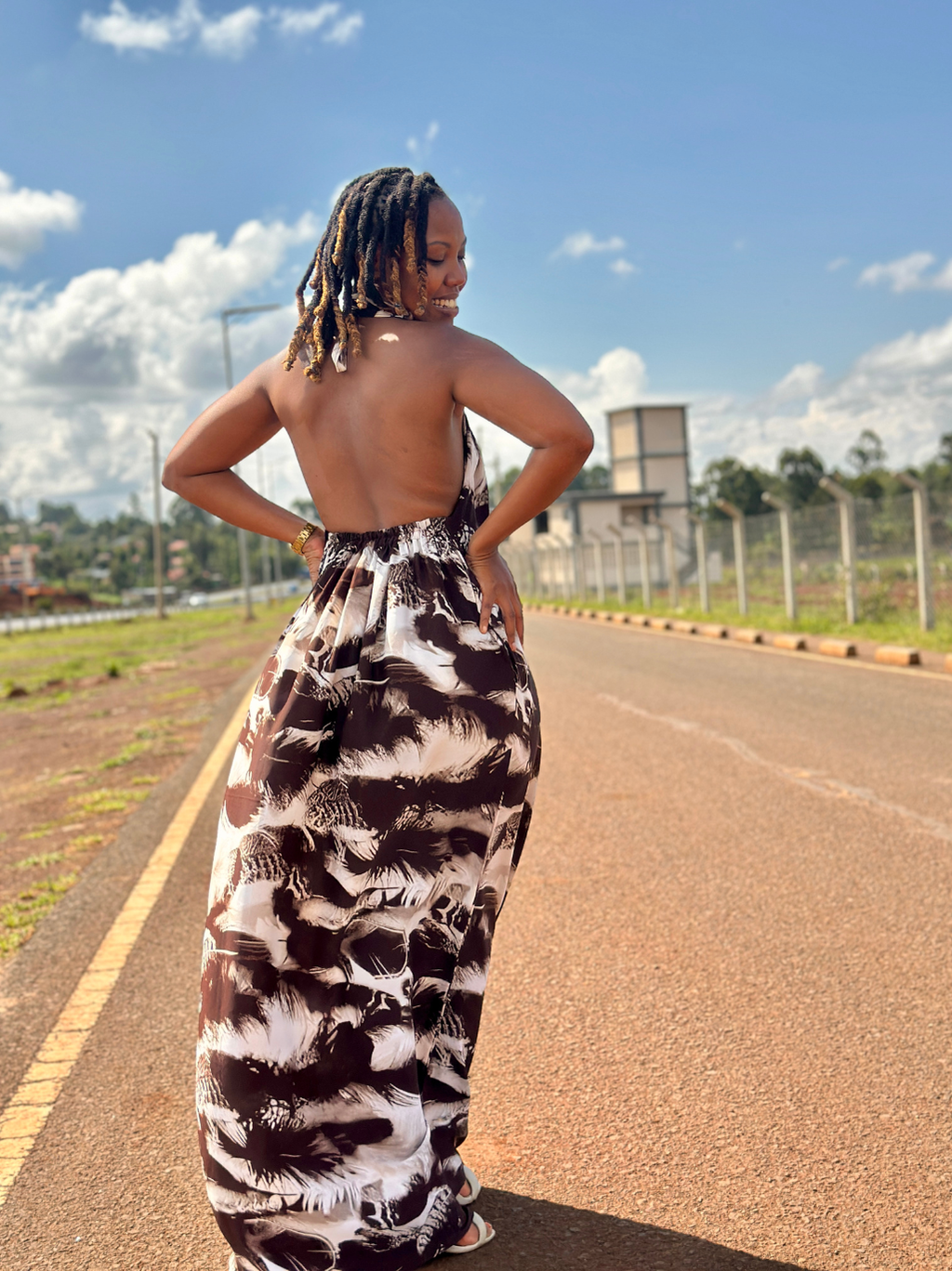 Brown Print Backless Dress