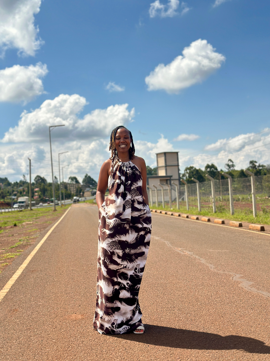 Brown Print Backless Dress